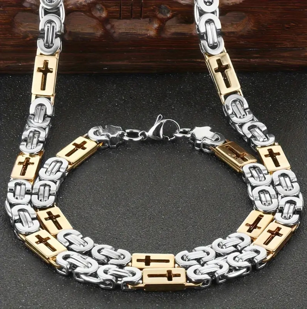 20" Stainless Steel 8mm Cross Necklace And 8* Bracelet
